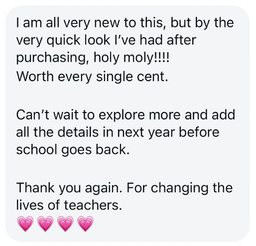 I am all very new to this, but by the very quick look I've had after purchasing, holy moly!!!! Worth every single cent. Can't wait to explore more and add al the details in next year before school goes back. thank you again. Fo changing the lives of teachers. 💗💗💗💗